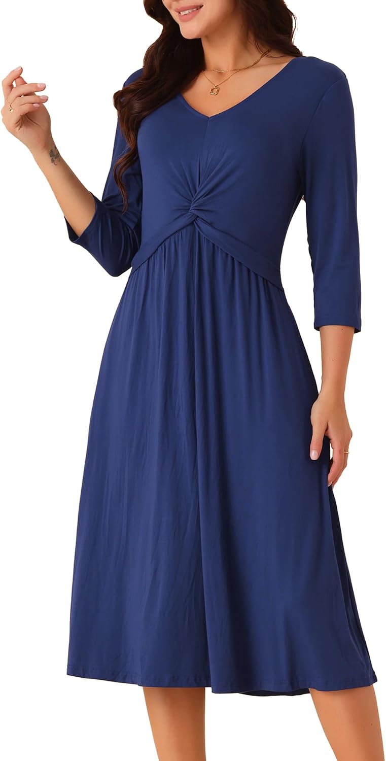 Seta T Womens 2024 Twist Knot Front V Neck 34 Sleeve Casual A-line Midi Dress with Pockets