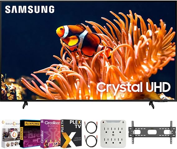 Samsung 65 Inch DU8000 Crystal UHD LED 4K Smart TV Bundle with Premiere Movie Streaming Package & TV Setup Bundle with Wall Mount + Surge Adapter + HDMI Cable & More (2024 Model)