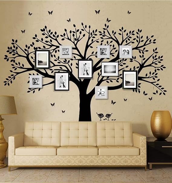 Grant Family Photo Frame Tree Wall Decals Family Tree Decal Living Room Home Decor (108" Wide x 84" Tall) (Black)