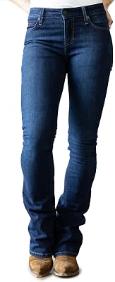 Kimes Ranch Womens Chloe Casual Western Mid-Rise Fitted Thigh & Flare Bootcut Blue Dark Wash Tri-Blend Denim Jeans