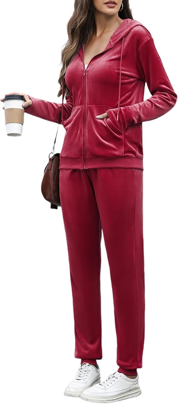 Velour Tracksuit Womens 2 Piece Outfits Velvet Sweatsuit Full Zip Up Hoodie Jacket Jogger Lounge Set