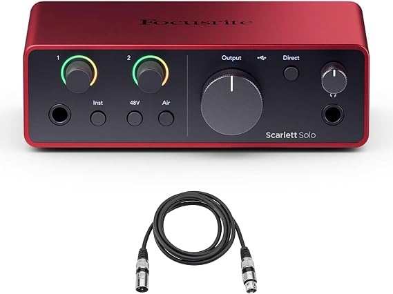 Focusrite Scarlett Solo 4th Gen USB Audio Interface Bundle with 10-Foot Balanced XLR Microphone Cable 24-Bit/192kHz Recording, Air Mode with Presence and Harmonic Drive, Bus-Powered USB-C