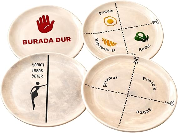 DEİNHAUS 4'lü Seramik Tabak Seti, Porsiyon Kontrol Tasarımlı, Protein ve Sebze Bölmeli, Diyet Dostu