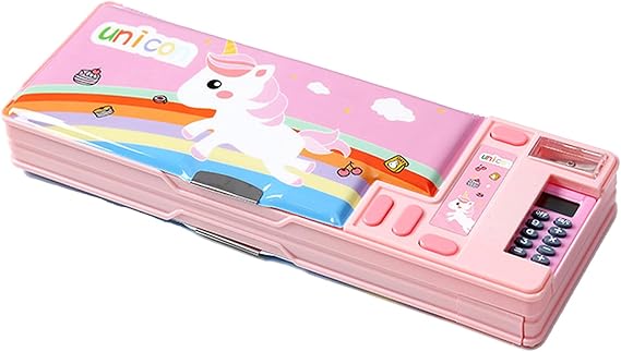 Multifunction Pencil Case with Calculator, Pencil Sharpener and Curriculum, Multiple Cute Patterns, Suitable for Elementary School Girls, Boys, Great Gifts for Kids (Pink)