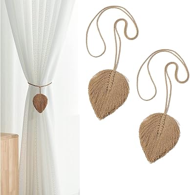 Retro Curtain Ropes Holdbacks - 2 Pcs Rural Leaf Tassel Cotton Drapery Tiebacks and Holders for Drapes, Shower Khaki