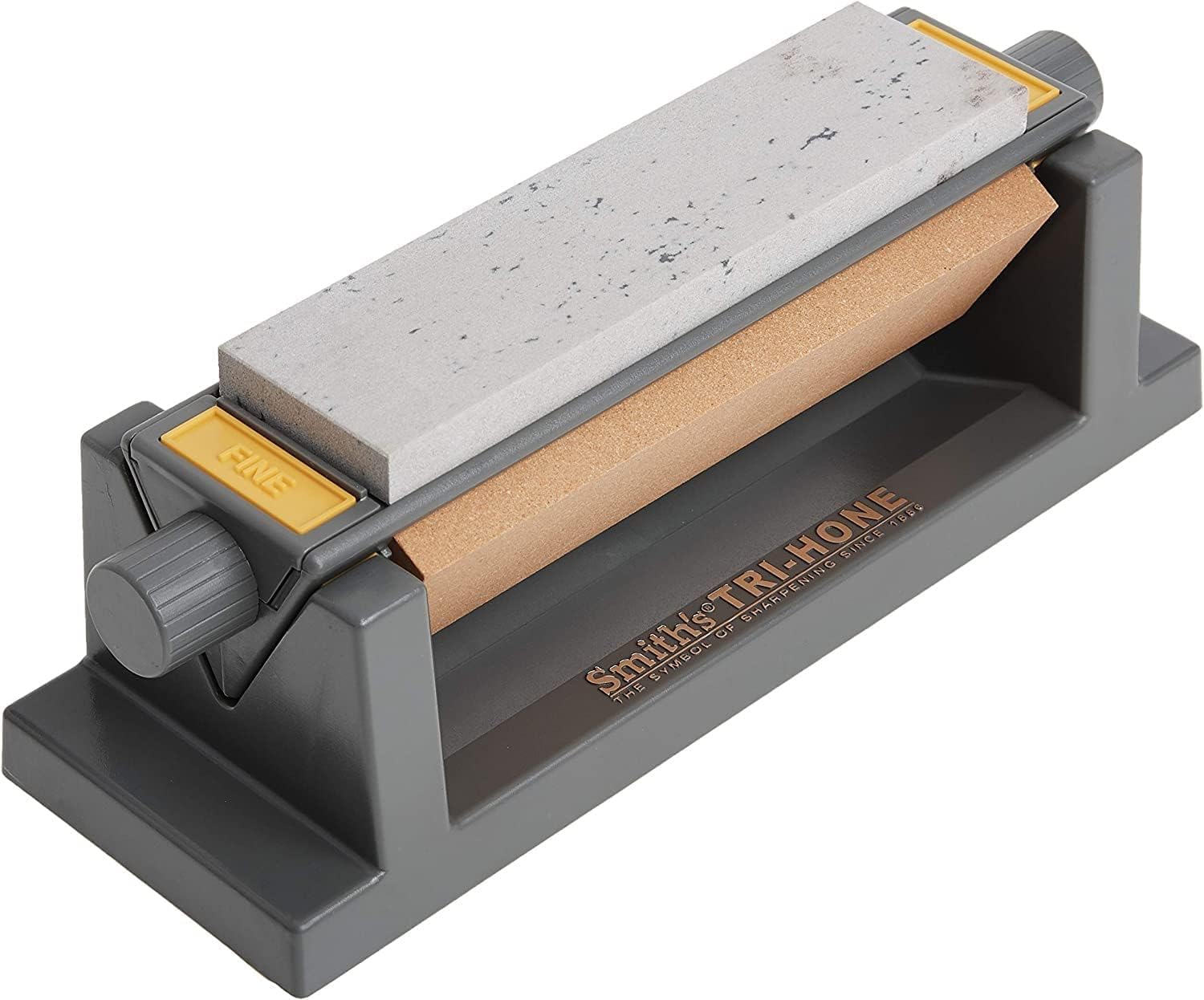 Smith’s TRI6 Arkansas Tri-Hone Stone Sharpening System Grey 6” Fine, Medium, Coarse Stones 3-Way Honing Nonslip Rubber Feet Restore Tools, Hunting, Kitchen, Fishing & Pocket Knives