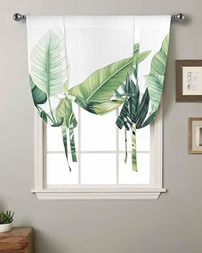 Tie Up Curtains for Windows, Green Leaves Kitchen Curtain Adjustable Balloon Window Shades, Rustic Summer Botanical Tropical Plants Valance Curtains for Living Room/Bedroom/Cafe 42"x63"