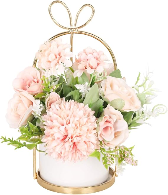 Artificial Silk Flowers with Vase Fake Hydrangea & Chrysanthemum Floral Arrangement for Home Wedding Decor, Table Centerpiece, Living Room Desk Decoration
