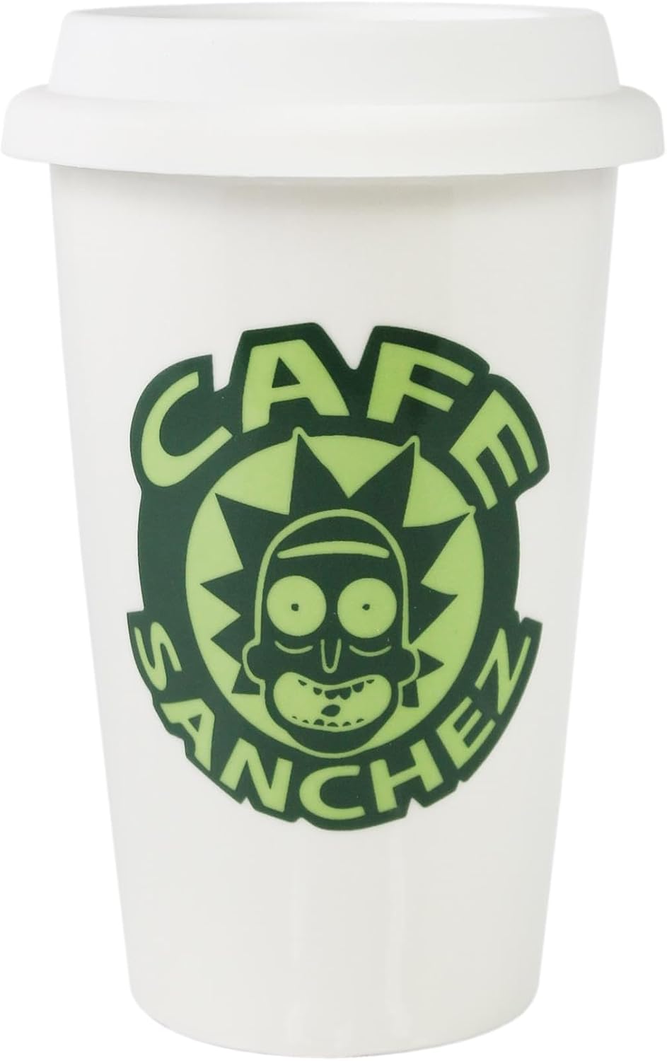 Official Rick and Morty Cafe Sanchez Coffee Cup with Lid [12 oz] Insulated Tumbler, Double Wall Ceramic Travel Mug, Tea Mug, Home, Gym, Outdoors, Hot or Ice Cold Drinks, By JustFunky