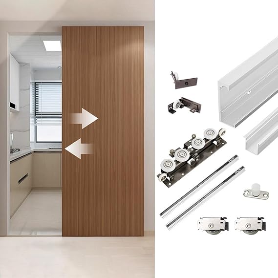 Invisible Trackless Sliding Door System Hardware Kit with Soft Close, Top Mount Pocket Door Rail and Roller