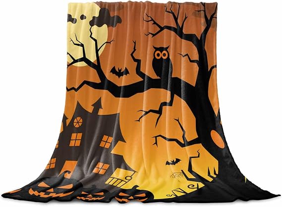 Flannel Fleece Blanket 32" x 47", Halloween Microfiber Cozy Soft Throws for Women, Pumpkin Castle Owl Moon Tree Orange Lightweight Throw Blankets for Couch, Sofa, Bed, Living Room, Bedroom