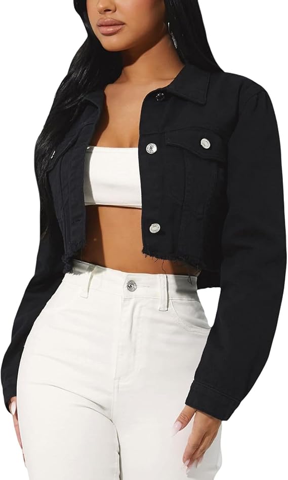 FairBeauty Women's Washed Distressed Denim Long Sleeve Cropped Jean Jacket