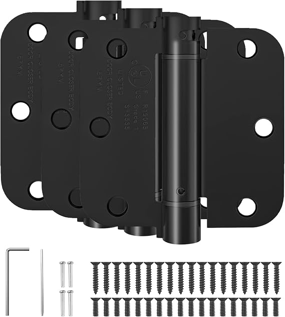 HOSOM Self Closing Door Hinges 3.5 Inch, Spring Loaded Hinges, Adjustable Tension for Interior Door, UL Listed, for Left and Right Hand Door, 5/8'' Radius Corners, Matte Black, 3 Pack