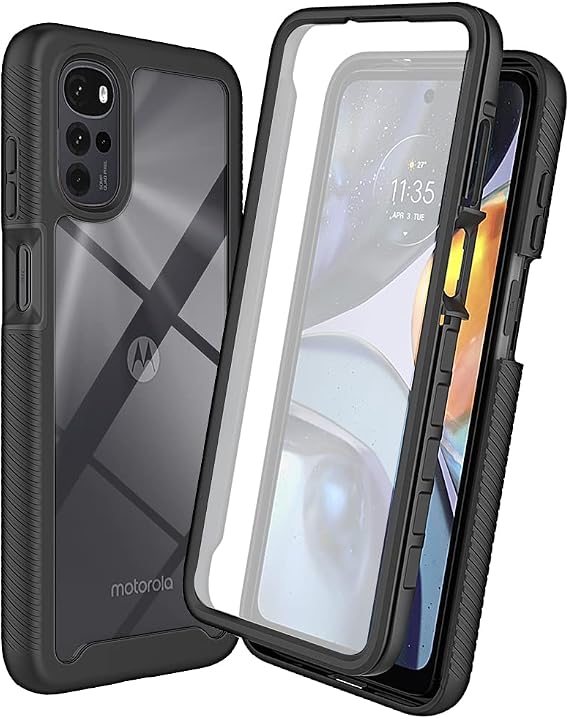 Case Compatible with Motorola Moto G22 360° Full Protection Shockproof Mobile Phone Case Transparent Case Silicone Bumper Cover with Built-in Screen Protector Black