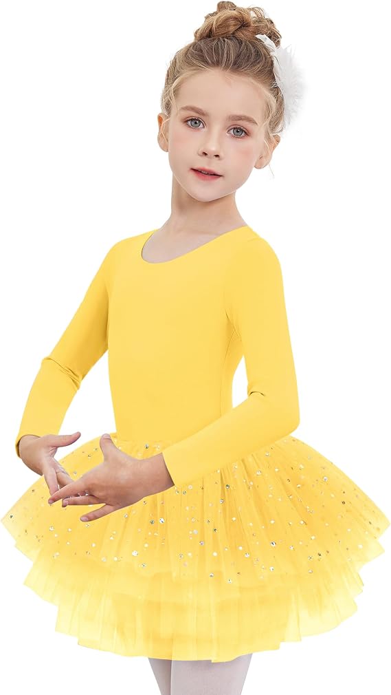 Zaclotre Girls Ballet Leotards 4-Layers Tiered Long Sleeve Dance Tutu 2-11Y