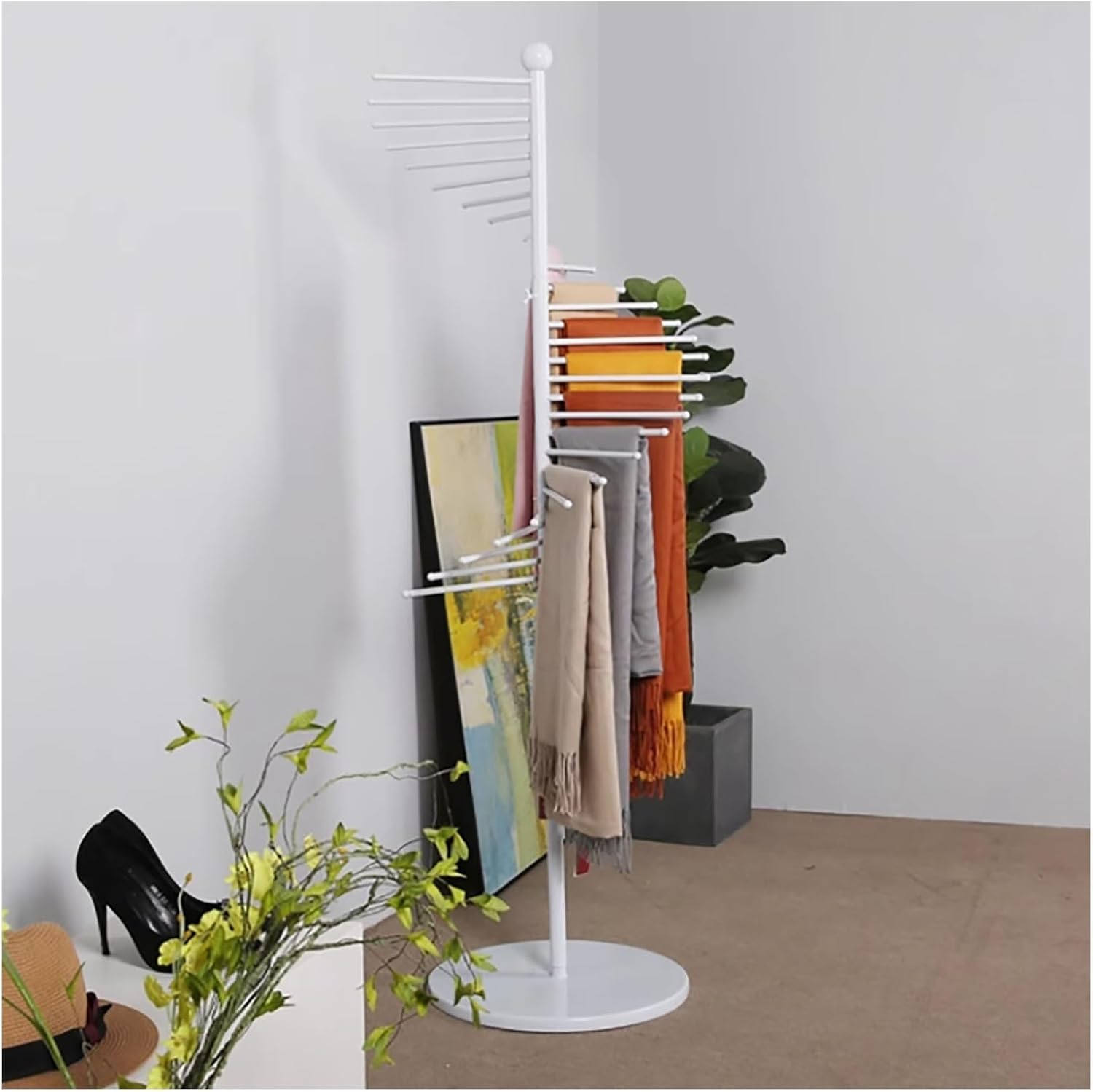 Organizer Holder Household Freestanding Metal Scarf Holder Display Rack with Spiral Design,Belt Tie Shawl Hanger Hijab Organizer for Clothing Store Commercial Home, Space Saving ShelvesWhite,42x150cm