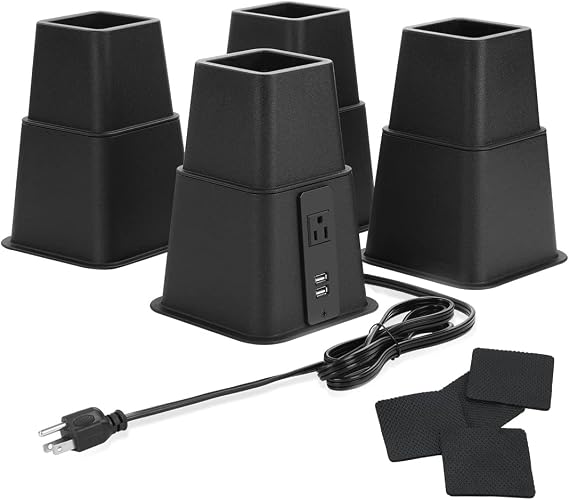 Heavy Duty Bed Risers with Power Outlet and USB, Adjustable 3, 5 or 8 Inch Bed Frame Lifts Raisers for Furniture, Bed, Sofa, College Dorm Twin, Supports up to 1500 lbs (Set of 4)