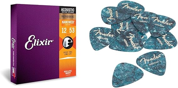 Elixir Strings - Acoustic Phosphor Bronze with NANOWEB Coating - Elixir Acoustic Guitar Strings & Fender Premium Celluloid Guitar Picks, 351 Shape, Ocean Turquoise, Guitar Picks Medium, Pack of 12