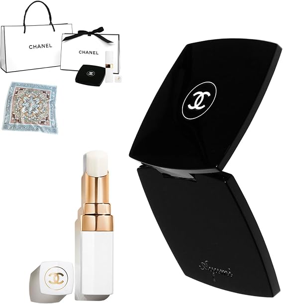 Gift Set CHANEL Chanel Miroir Mirror Rouge Coco Baum Lip Balm Lip Cream Set Lip Care Cosmetics Moisturizing Assortment Lip Balm Compact Mirror Gift Present with Original Scarf and Shop Bag Laser