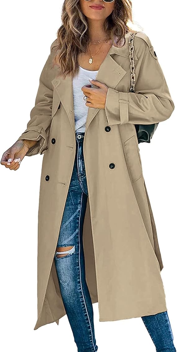 Women's Classic Long Trench Coat Double-Breasted Lapel Long Sleeve Windproof Overcoat with Belt