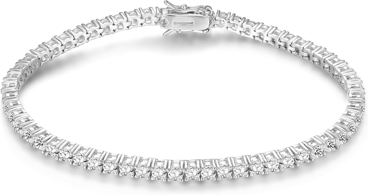 Gemsme Silver Moissanite Tennis Bracelet,18K White Gold Plated 3mm Round Moissanite Tennis Bracelet 6.5-8.5 Inch