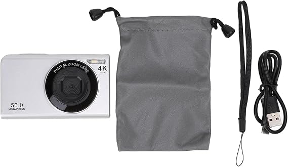 56MP 4K Digital Camera, Vlogging Camera with Autofocus, 16x Digital Zoom and 2.4 Inch Screen, Portable Compact Camera with Fill Light for YouTube, Travel, Photography (Silver)