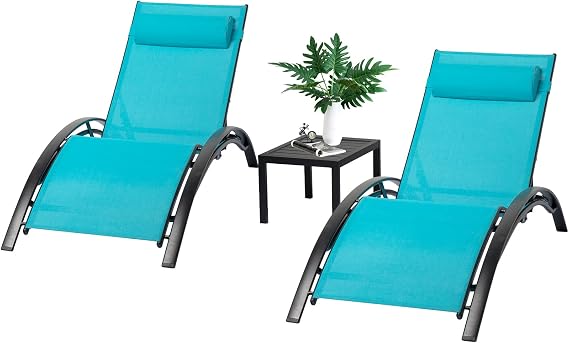 Patio Chaise Lounge Chair Set of 3 with Coffee Table,Outdoor Lounge Chair with Adjustable Backrest with Pillow,Water & UV Resistant,with Side Table for Beach,Garden,Lawn(Blue)