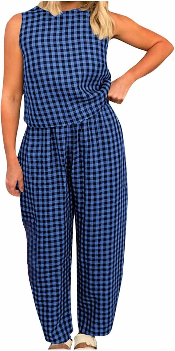 Summer Cotton 2 Piece Outfits for Women Casual Plaid Print Sleeveless Crew Neck Vest Top High Waist Pants Set