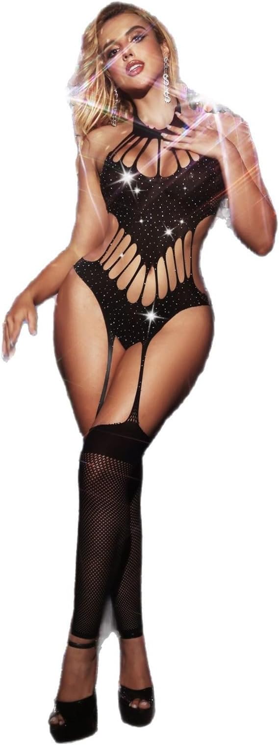 Women Sexy Crystal Rhinestone Bodysuit Bodystocking Stretch Exotic Bling Lingerie Rave Outfit (TZ1615-Black, One Size)