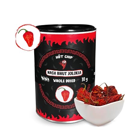 HOT CHIP Naga Bhut Jolokia Dried Chili Pods - Ghost Pepper - Extremely Hot Chillies with 1000000 SHU - 100% Pure - 10g - From India