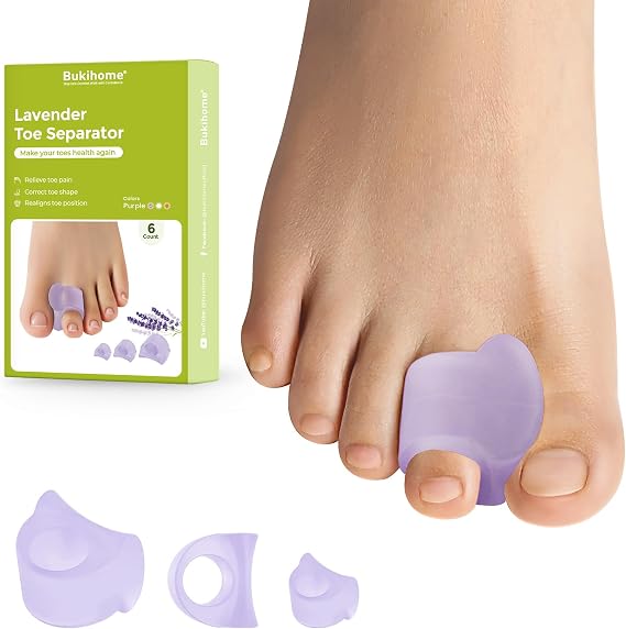 Bukihome Toe Separator for Overlapping Toes - 6 Pack Toe Spacers for Bunions with Lavender Extract - Toe Corrector for Hammer Toes, Realign Crooked Toes (Multi-Size, Lavender)