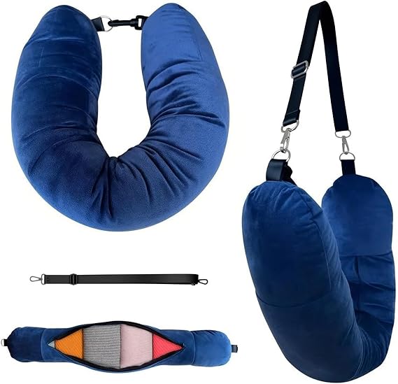 Stuffable Neck Pillow for Travel, 80 * 16 cm Stuffable U Shaped Cushion with Adjustable Straps Fillable Travel Neck Pillow for Airplane Train Car Trip Essentials (Blue)