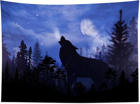 HVEST Wolf Tapestry Wild Animal Wolves in Forest Tapestries Wall Hanging Moon Purple Sky Tapestry for Bedroom Living Room Dorm Wall Decor Blanket, 80W x 60H inches