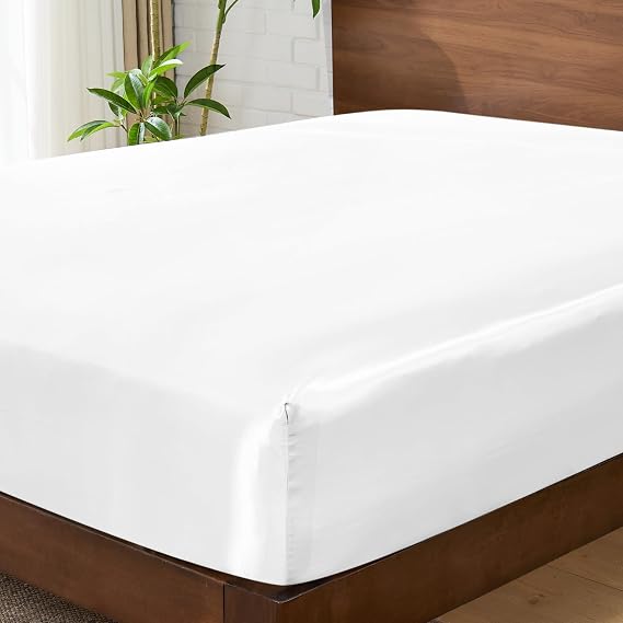 BEDELITE Satin Fitted Sheet Queen Size with Elastic Corner Straps, White