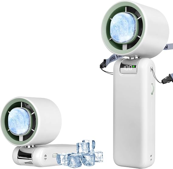Handheld Personal Turbo Fan with Ice Cooler, 13500RPM/5000mAh Mini Rechargeable Portable Fans with 1-100 Speed Adjustable 180 Foldable 24H Runtime Fans for Camping Travel Outdoor Office(White)