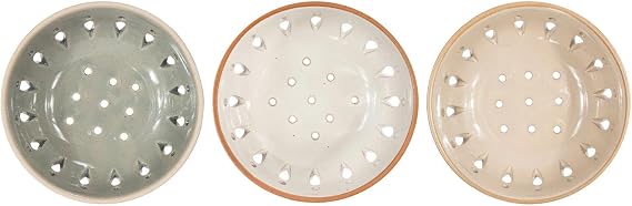 Creative Co-Op Stoneware 5" Berry Bowl Colander, Set of 3 in Sage, Tan, and Light Gray