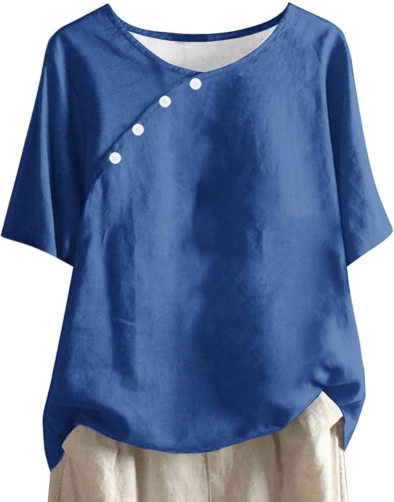 Linen Shirts for Women Round Neck Casual Solid Color Top Summer Vacation Tops Button Linen Blouse Classic Loose Shirt
