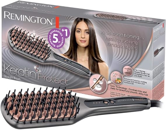 Remington Saç Düzleştirici Keratin Protect 2'si 1 Arada Düzleştirici ve Saç Fırçası, Badem Yağı ile Zenginleştirilmiş Keratin Seramik Kaplama, Dijital Ekran, 150-230°C CB7480