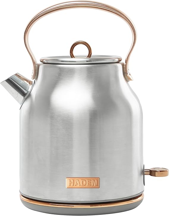 Haden Heritage 1.7 Liter Stainless Steel Electric Kettle, Hot Water Kettle with 360-Degree Base and Auto Shutoff, Steel & Copper