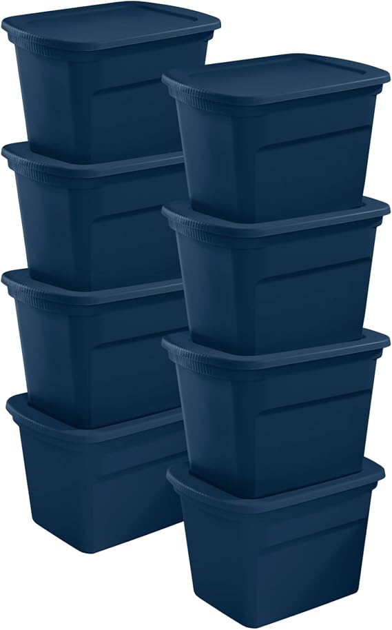 Sterilite 8-Pack Storage Tote, Plastic Container Bins with Lids, 18 Gallon, Marine Blue - Heavy-Duty Organizing Containers for Closet, Bathroom, and Office | Marine Blue - Stackable Home Organizers with In-Molded Handles for Bedroom, Garage, Basement and Attic
