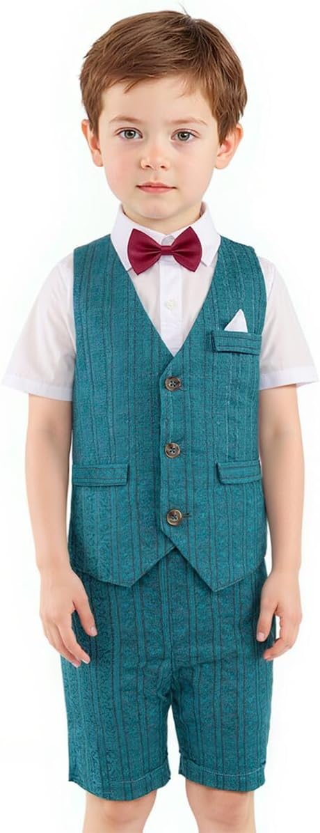 Yilaku Boys Suit Touddler Summer Short Shirt Wedding Gentlemen Suit with Vest + Pants + Shirt + Bowtie 4-Piece Tuxedo Outfits