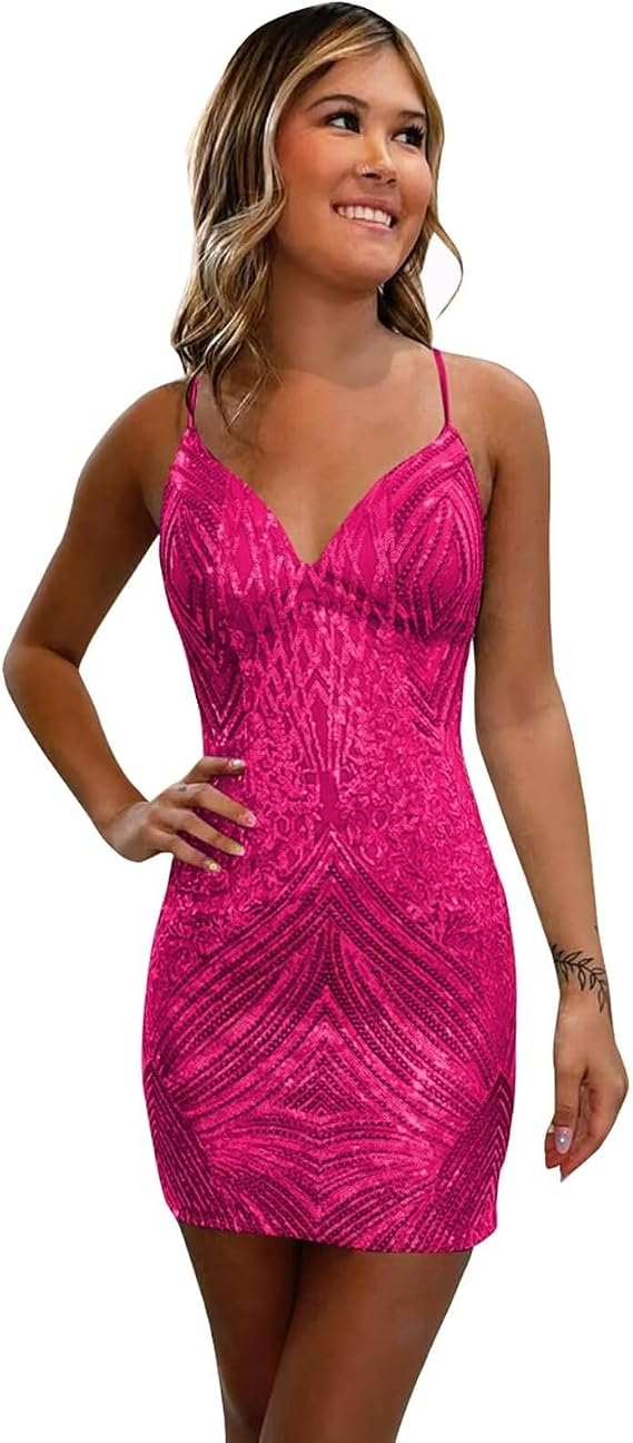 GATMAHE Short Homecoming Dresses for Teens Hot Pink Sequin Sparkly Mini Prom Dresses Tight Bodycon HOCO Dress Cocktail Gowns Size 18W
