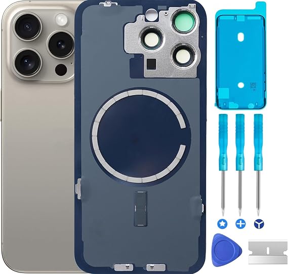 15 Pro Max バックガラス iPhone 15 Pro Max用 リアバックカバー ガラス 防水 カメラレンズ+プロフェッショナル修理ツールキット天然チタン、iPhone 15 Pro Max