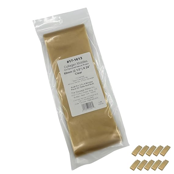The Sausage Maker 60mm Clear Collagen Casings For Sausage Making - 10 Pack, Non-Edible Casing For Cooked, Semi-Dry, Dried Sausage, 2 3/8" Diameter 24 Long, Stuff 1.3 Lbs Meat Per Case