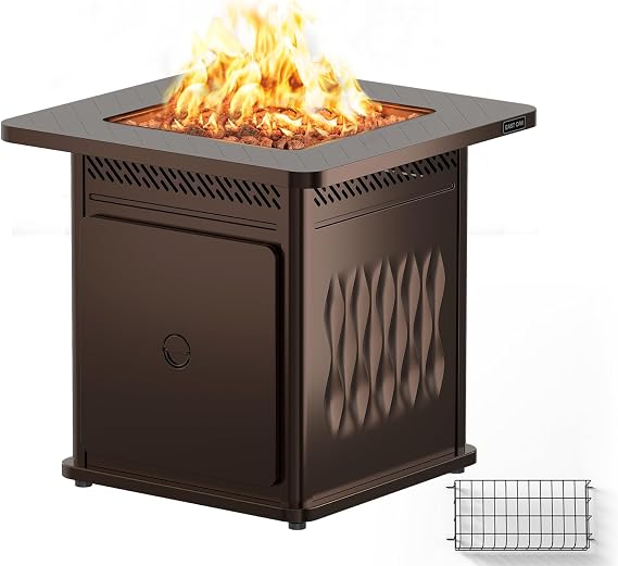 EAST OAK 28'' Propane Fire Pit Table, 50,000 BTU Steel Gas FirePit for Outdoor, Outside Patio Deck and Garden, CSA Certified Fire Table with Magnetic Lid, Cover-Storage Basket and Lava Rock , Brown