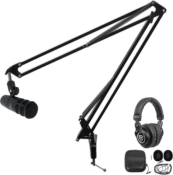 Audiosavings Bundle: Audio Technica AT2040 Dynamic Microphone Bundle with Rockville PRO-M50 Headphones w/Coil Cable, Case+Extra Ear Pad & DMS40 40" Studio Boom Arm USB Mic Stand+Desk Clamp (3 Items)