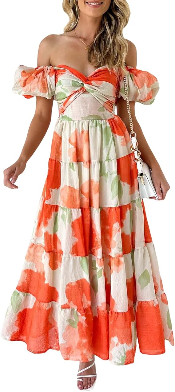 Women's Summer Floral V Neck Off Shoulder Puff Sleeve Wrap Dress Midi Dress Casual A-Line Flowy Swing Beach Sundress