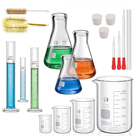 Glass Beakers Cylinder Erlenmeyer Flask Pipettes Glassware Set