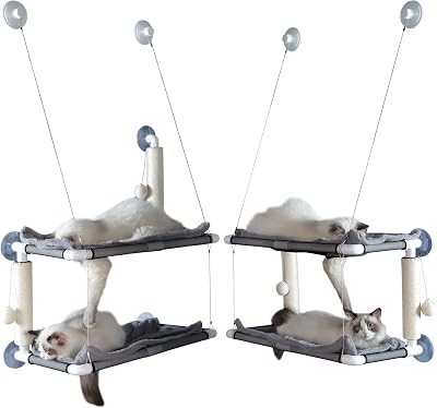 Cat Window Perch - Large Double-Layer Hammock for Multiple Cats, with Two Scratching Posts and Frame, Supports Up to 50 Pounds