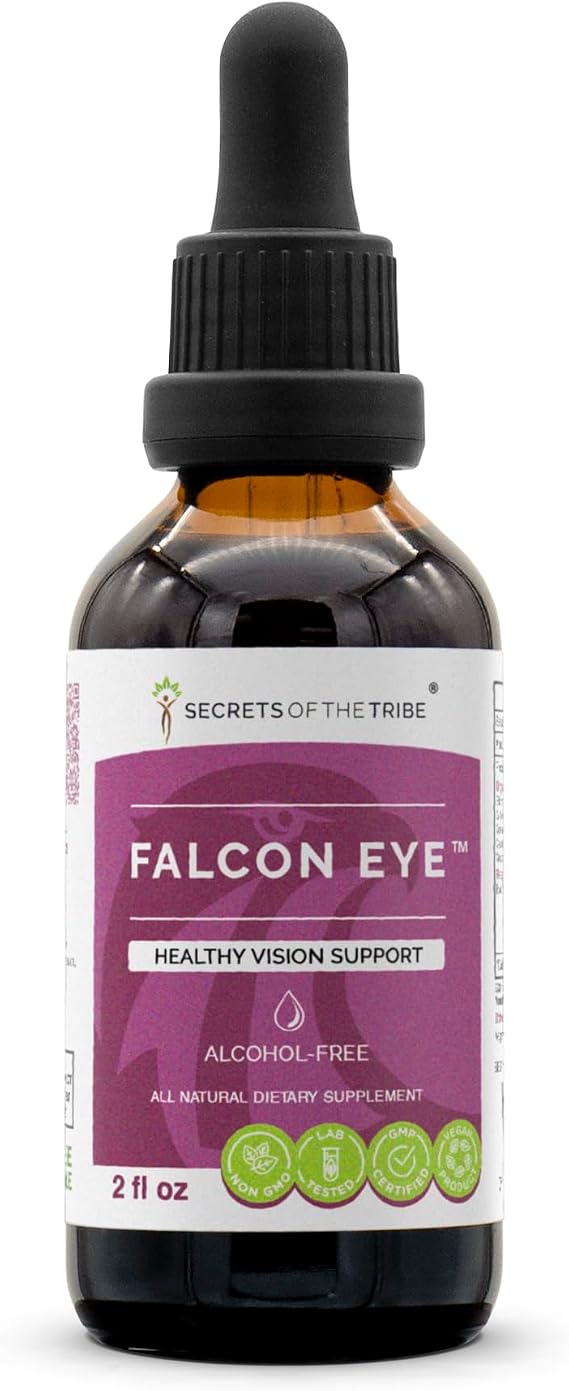 Secrets of the Tribe Falcon Eye Alcohol-Free Extract, Alcohol-Free Bilberry, Eyebright, Ginkgo, Green Tea, Carrot, Grape. Tincture Glycerite Healthy Vision Support (2 FL OZ)